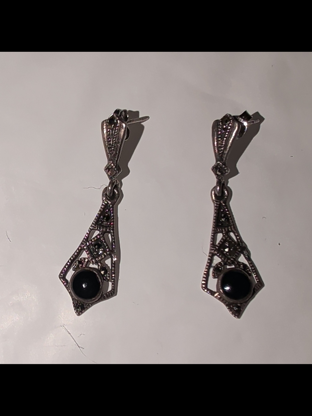 Sterling Art Deco Filigree Onyx Earrings